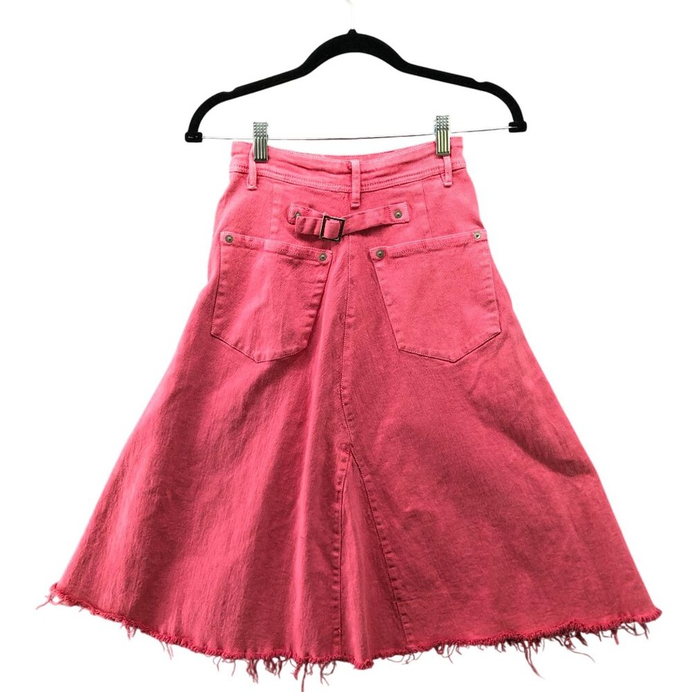 Free People FP One Peyton Midi Skirt Womens 0 Pink Denim Frayed A-Line - Picture 2 of 9